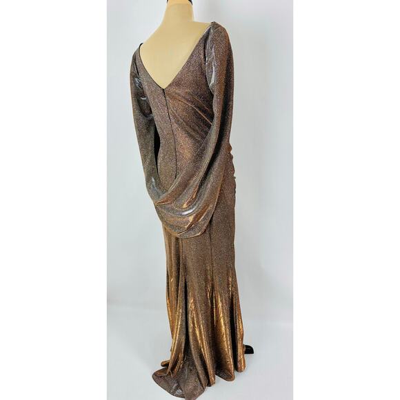 Betsey & Adam Size 14 Cape Sleeve Drape Metallic Evening Gown Taupe Modest $258 - Picture 8 of 14